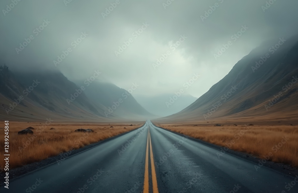 Fototapeta premium Asphalt mountain road with fog, mystical blurry scenery. The highway runs between peaks covered by clouds. Car travel destination, transportation background. Nobody around. Adventure trip.