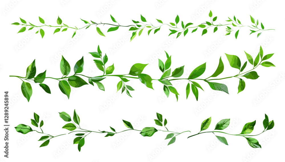 Obraz premium Vector set of green twig, isolated plant branch, botanical leaves, natural foliage, organic design, eco-friendly clipart, nature elements, decorative greenery, hand-drawn flora