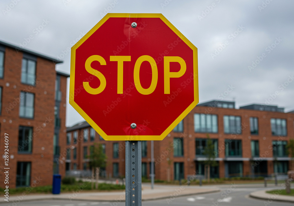 Stop sign on the street with buildings behind. The stop sign is red and yellow. The buildings are made of red brick Stop sign on the street with buildings behind. The stop sign is red and yellow. The buildings are made of red brick