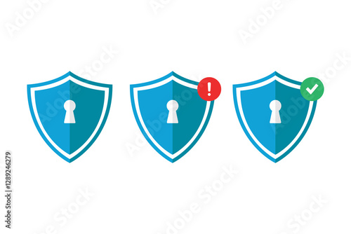 Three Shields Representing Security Status With Alerts and Confirmation Icons
