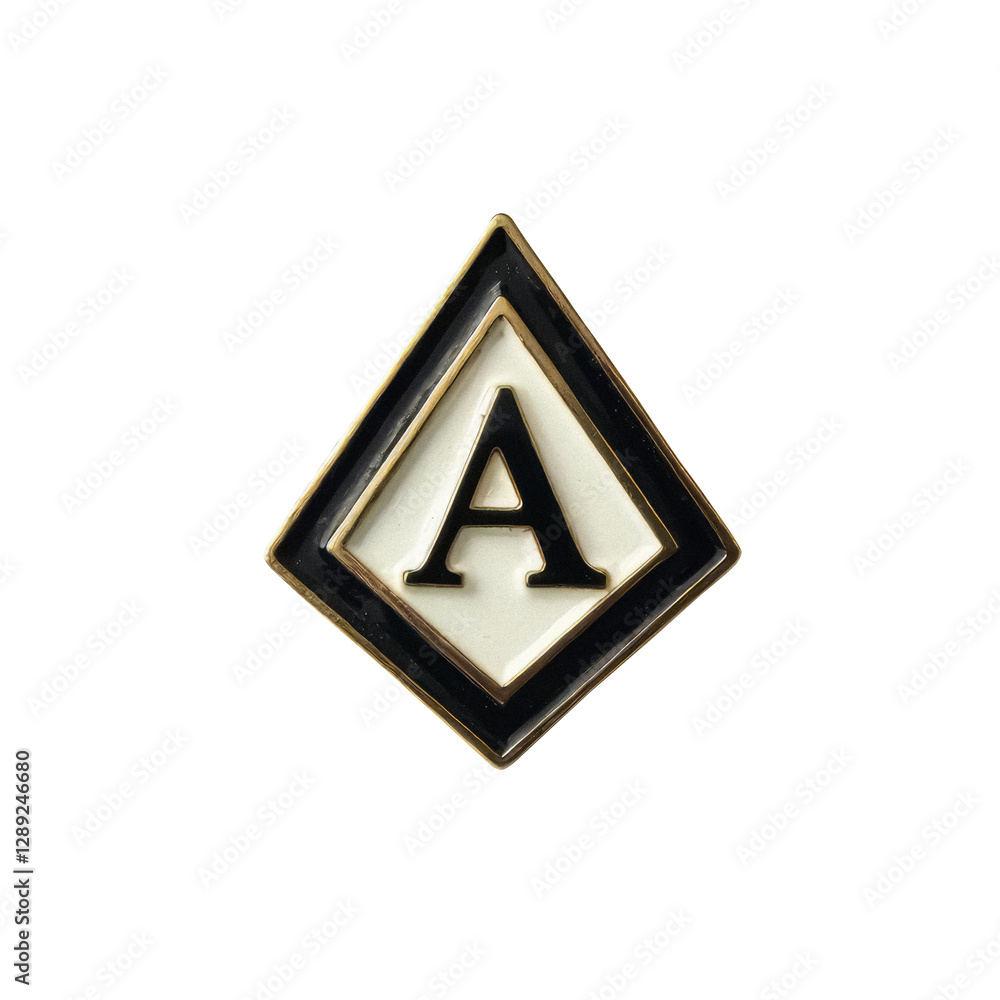 Geometric enamel pin with a letter “A”, polished and colorful, metal badge with retro style, transparent background Geometric enamel pin with a letter “A”, polished and colorful, metal badge with retro style, transparent background