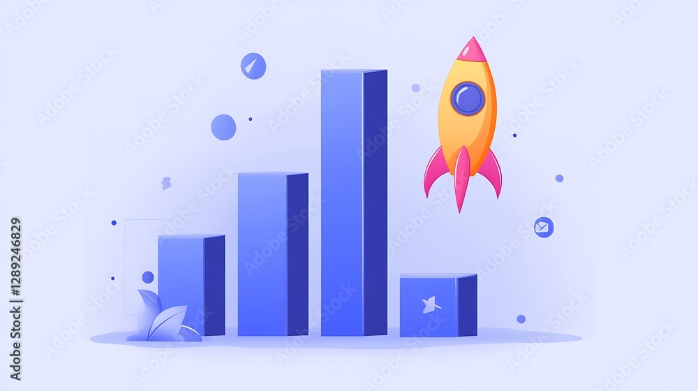 Obraz premium Rocket Launch Over Bar Graph Illustration, Illustration of a rocket launching over a bar graph, symbolizing growth and progress