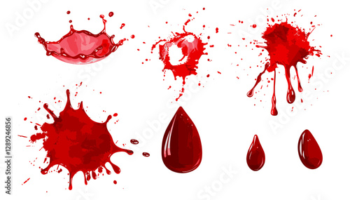 Vector set of red blood drop splash isolated on white or transparent, liquid splatter, medical fluid, plasma drip, hemoglobin, bleeding drop, healthcare graphic
