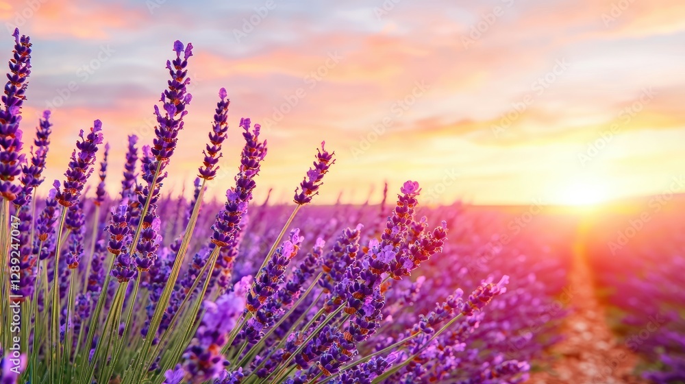 Obraz premium Purple lavender blossoms close up in a rural field during a warm golden sunset.