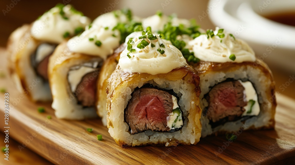 A Yorkshire pudding sushi roll, filled with rare roast beef and horseradish cream, served on a wooden sushi board A Yorkshire pudding sushi roll, filled with rare roast beef and horseradish cream, served on a wooden sushi board
