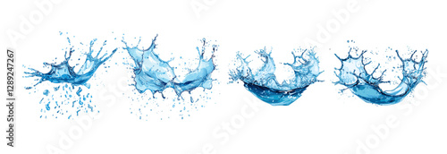 Vector set of water splashes, isolated on transparent PNG or white, realistic blue waves, liquid motion, aqua drops, clear fresh water, fluid swirl, purity concept