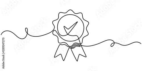 Single continuous line drawing of the best quality award badge with gold star winning medal illustration, Award Ribbon Continuous Line Icon, Medal one continuous line art. Hand drawn doodle drawing.