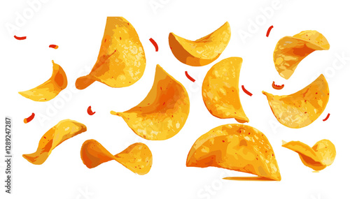 Crispy potato chips set with red paprika, vector flying snack, isolated on white, crunchy food, paprika flavored chips, fast food, fried snack, tasty chips, crispy bites