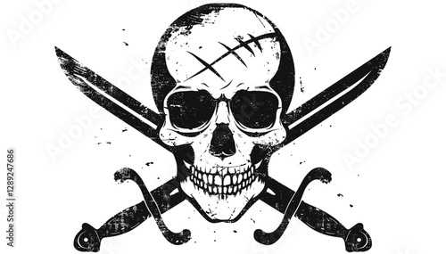 Skull and crossed swords vector stamp with grunge distressed texture, pirate emblem, vintage skull logo, transparent background, jolly roger, scary skull illustration