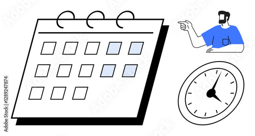 Calendar with marked dates, clock showing specific time, person pointing and planning. Ideal for time management, scheduling, deadlines, organization, planning, productivity efficiency themes