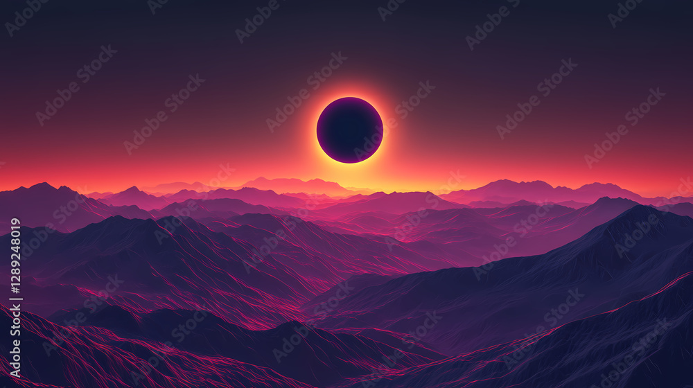 Fototapeta premium Majestic solar eclipse over serene landscape with mountains and rolling hills. Solar Eclipse Over Mountains. Illustration