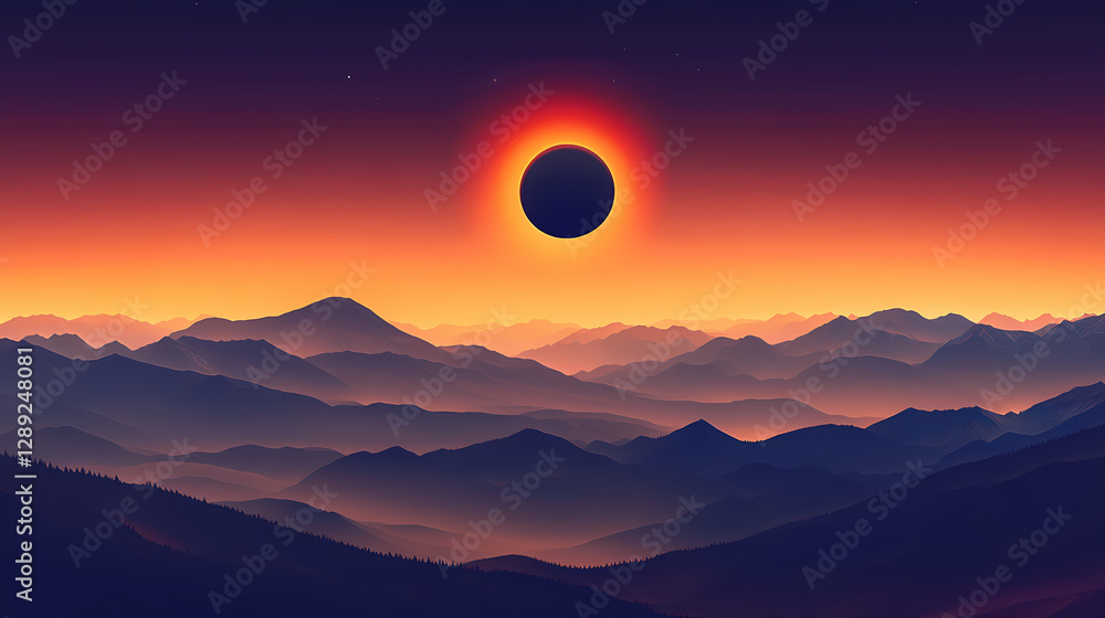 Majestic solar eclipse over serene landscape with silhouetted mountains and rolling hills, solar eclipse. Solar Eclipse Over Mountains. Illustration Majestic solar eclipse over serene landscape with silhouetted mountains and rolling hills, solar eclipse. Solar Eclipse Over Mountains. Illustration