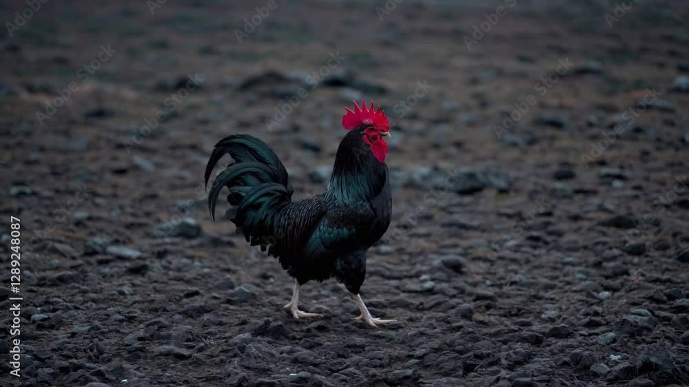 Slow Motion Black Rooster Standing on Dark Rocky Terrain – Vibrant Red Comb and Wattle, Dramatic Moody Background, Majestic Farm Bird, Powerful Stance in Mysterious Field, Rural Countryside Scene, Slow Motion Black Rooster Standing on Dark Rocky Terrain – Vibrant Red Comb and Wattle, Dramatic Moody Background, Majestic Farm Bird, Powerful Stance in Mysterious Field, Rural Countryside Scene,
