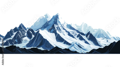 Snow mountains landscape vector, isolated on white or transparent PNG, winter alpine scenery, snowy peaks illustration, ice mountain range, cold nature background