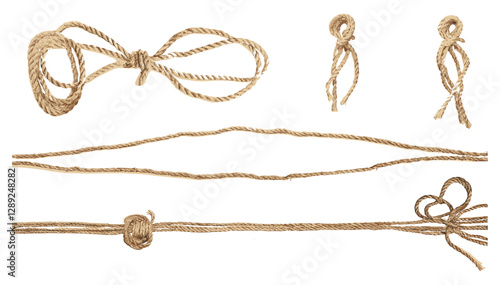 Vector rope bundle, isolated on white, top view, strong fiber rope, twisted cord, hemp string, marine rope, coiled rope, realistic rope loop, braided rope, paracord, cotton rope