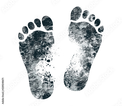 Vector grunge stamp style human footprints, isolated on transparent background, sole marks, ink splatter, shoe print texture, vintage effect, distressed texture, footprint trail,