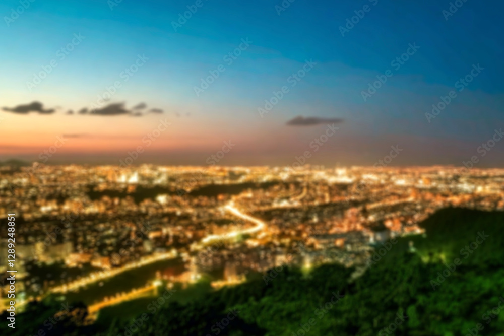 Obraz premium The lights of the night city. Blurred background. Lanterns on the street. big city lights in the twilight evening with blurring. Colorful circles of light abstract. circular bokeh on blue horizon.