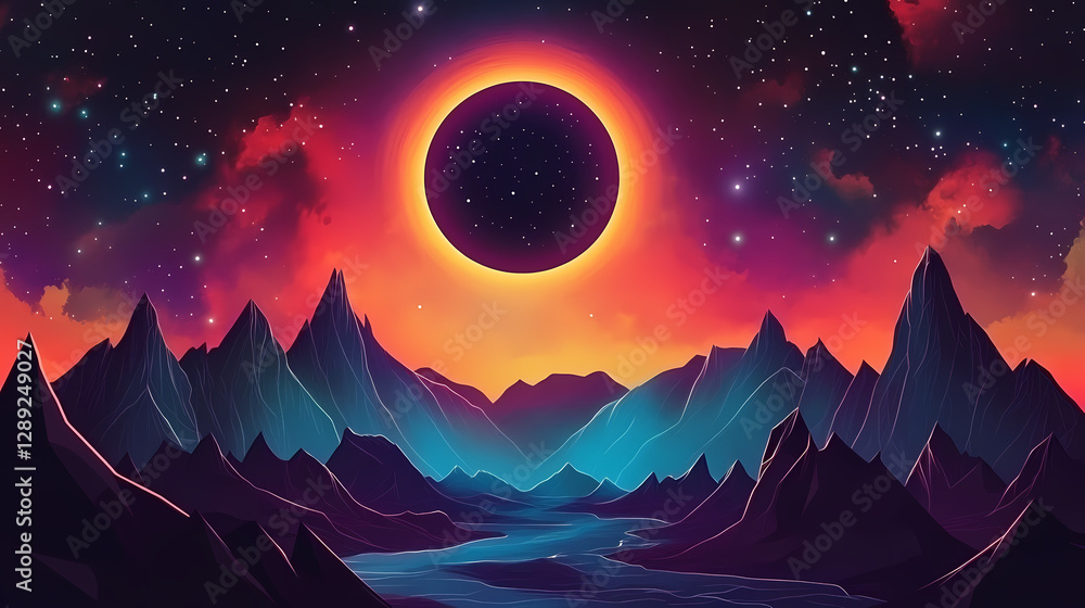 Fototapeta premium Stunning cosmic scene with a solar eclipse over alien mountains and a vibrant galaxy. Solar Eclipse Over Mountains. Illustration