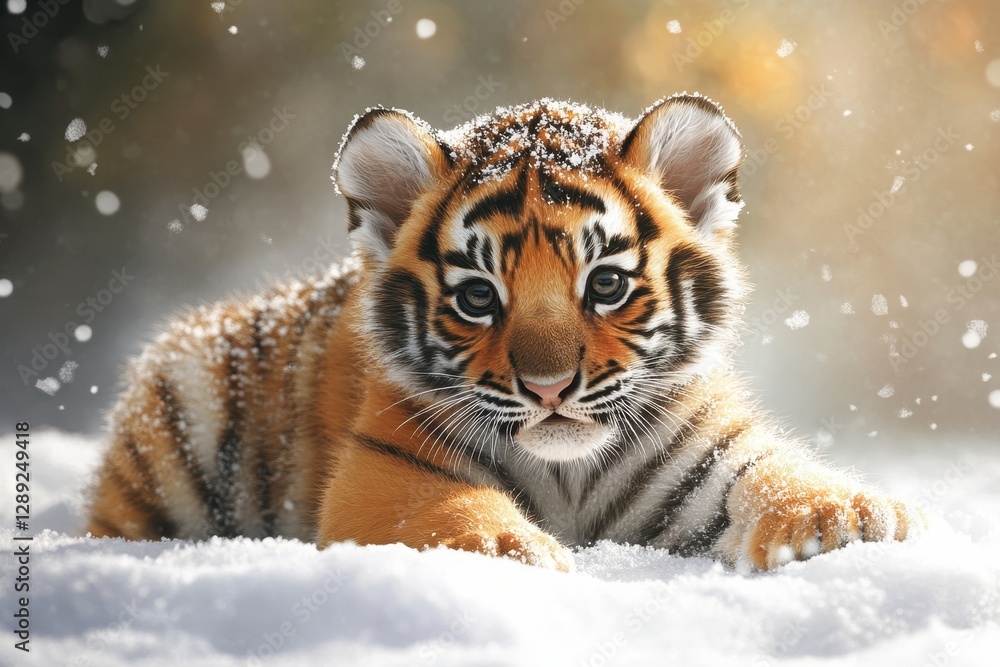 Obraz premium Adorable Tiger Cub Frolicking in Winter Wonderland Snow