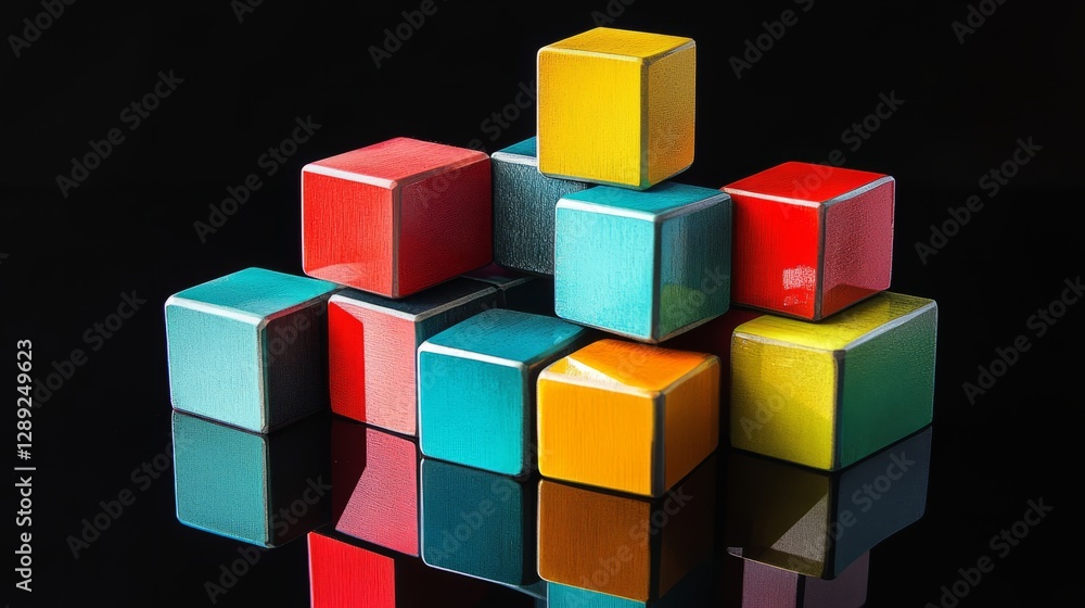 Dynamic and rotating 3D geometric blocks with reflective surfaces, on a pure black background Dynamic and rotating 3D geometric blocks with reflective surfaces, on a pure black background