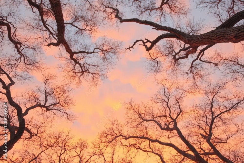 Warm sunset colors illuminate leafless tree branches against a vibrant sky. Silhouettes of trees create a natural frame Warm sunset colors illuminate leafless tree branches against a vibrant sky. Silhouettes of trees create a natural frame