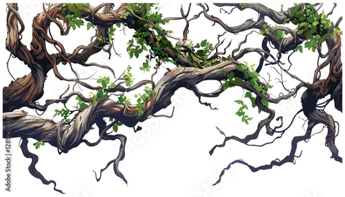 Tangled Tree Vines with Twisted Branches Vector, dense jungle vines, forest canopy, intricate roots, nature background, climbing plants, wilderness flora, tropical forest, green foliage