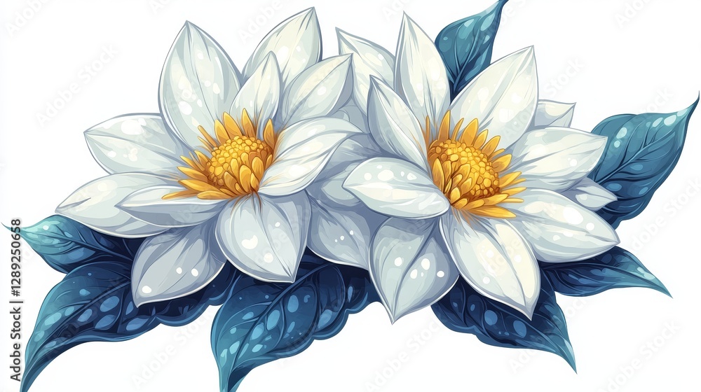 Obraz premium Two beautiful white water lilies bloom amidst green leaves, showcasing delicate petals and vibrant yellow centers, symbolizing purity and tranquility.