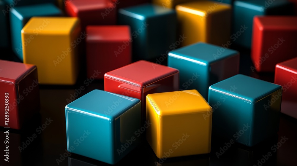 Geometric 3D blocks in bold colors, with reflective surfaces, set on a smooth black backdrop Geometric 3D blocks in bold colors, with reflective surfaces, set on a smooth black backdrop