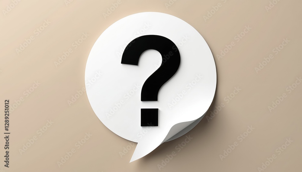 Black question mark on white speech bubble sticker over beige background. Symbol concept of doubt or question, communication, ask for help, problem solving. FAQ icon banner. Black question mark on white speech bubble sticker over beige background. Symbol concept of doubt or question, communication, ask for help, problem solving. FAQ icon banner.