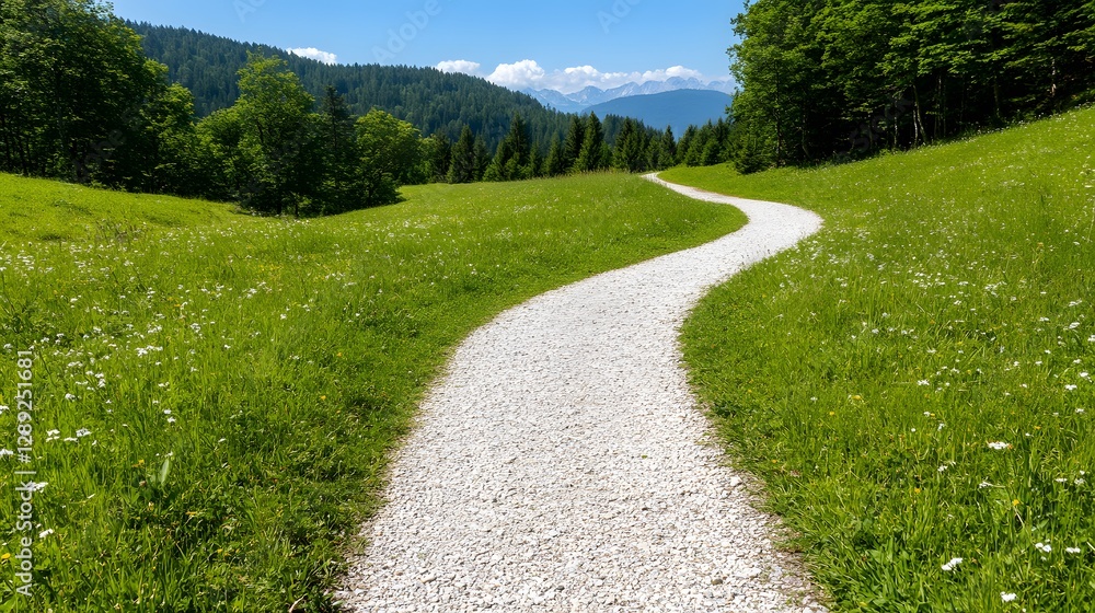 Serene Winding Path Through Lush Green Meadow and Pine Forest Serene Winding Path Through Lush Green Meadow and Pine Forest
