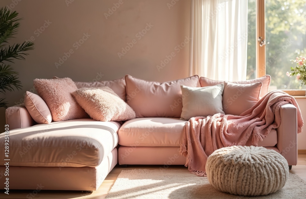 Fototapeta premium Cozy living room with pink sofa, plush textiles, neutral tones. Interior design with comfortable soft couch, pillows, blanket, home decor evokes warmth, modern style, relaxation atmosphere. Elegant
