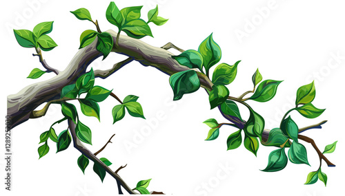 Twisted Branch with Green Leaves Vector, Nature Illustration, Botanical Drawing, Forest Element, Eco-Friendly Design, Organic Vine, Foliage Art, Natural Twig, Decorative Flora