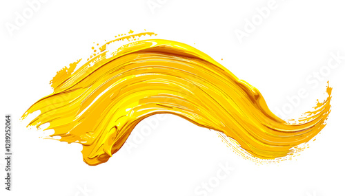 Twisted yellow paint brush stroke vector, isolated on white or transparent PNG, abstract acrylic smear, artistic swash, grunge ink stroke, wavy paint splash, brushstroke