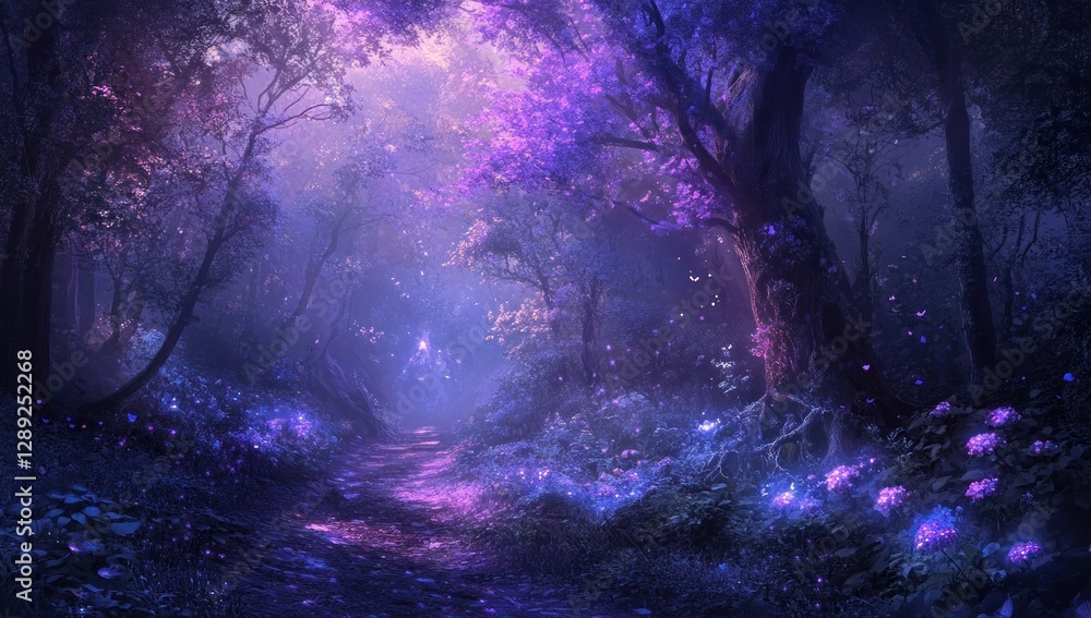 Fototapeta premium Enchanted Forest Path: A Nighttime Journey Through a Magical Woodland