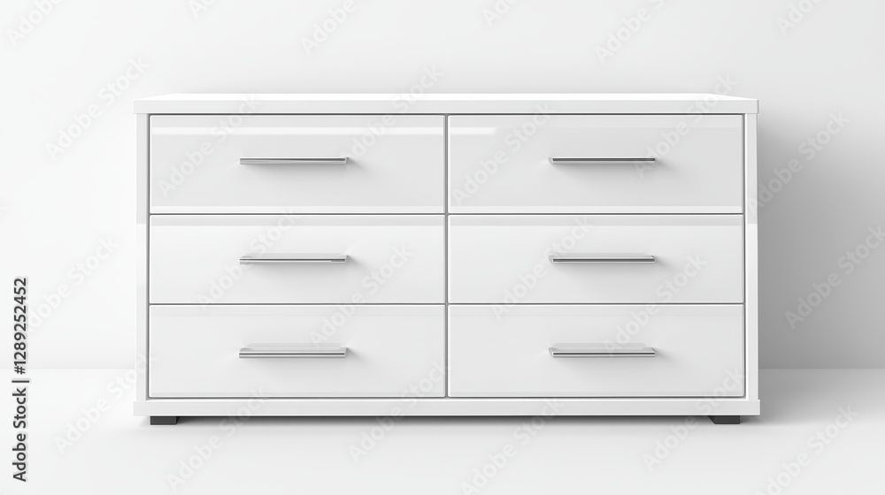 A modern white dresser with six drawers, featuring sleek handles and a minimalist design, suitable for contemporary interiors. A modern white dresser with six drawers, featuring sleek handles and a minimalist design, suitable for contemporary interiors.