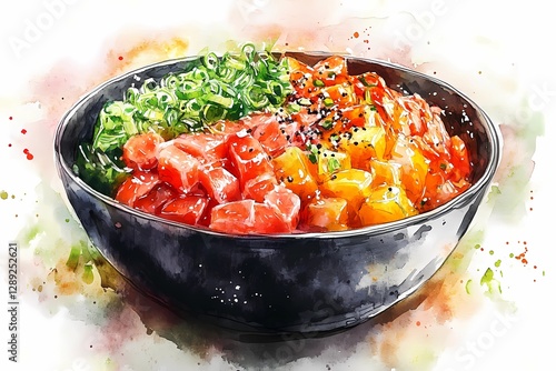 Hawaiian poke bowl featuring tuna, rice, and sesame seeds in a vibrant food drawing with soft shading and detailed textures, comic book style