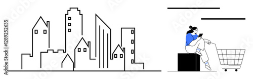 City skyline in minimalistic line art. Individual sits on a block beside a shopping cart, using a handheld device. Ideal for urban life, e-commerce, digital age, modern lifestyle, online shopping