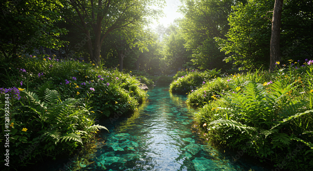 Sunlit Stream Through Verdant Forest Path Sunlit Stream Through Verdant Forest Path