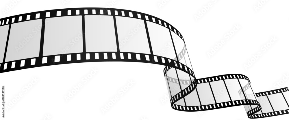 Fototapeta premium Curved Film Strip Frame Isolated on White Background, Blank Wavy Movie Reel Border for Video Editing, Retro Cinematic Design Element for Film Industry, Photography, and Multimedia Projects