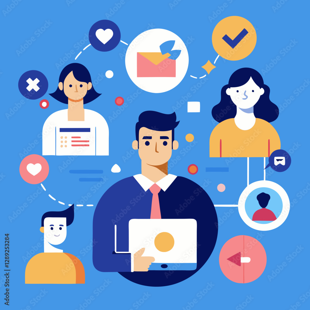 Digital business concept illustrations. Set of illustrations of men and women in various activities of online business, communication, marketing. Modern vector style for graphic and web Digital business concept illustrations. Set of illustrations of men and women in various activities of online business, communication, marketing. Modern vector style for graphic and web