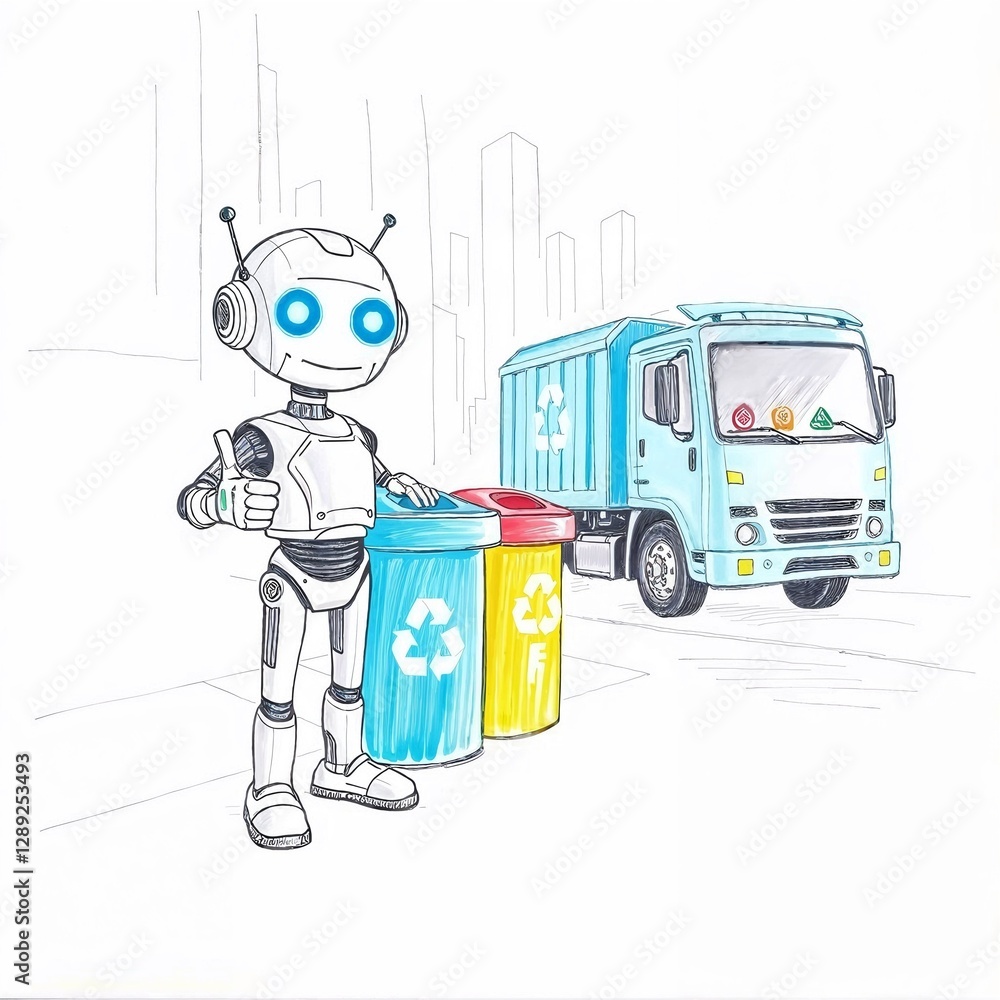Fototapeta premium Hand drawn metallic robot with blue eyes showing thumb up near colorful trash bins with white recycling symbols, light blue garbage truck, rough lines, textured pencil strokes.