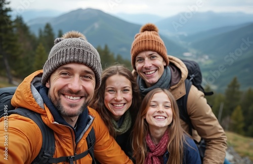 Happy family takes selfie while hiking on mountains. Father, mother, daughters smile in mountainous area. Active vacation. Travelers with backpacks, hats, warm clothing. Generative AI collage photo.