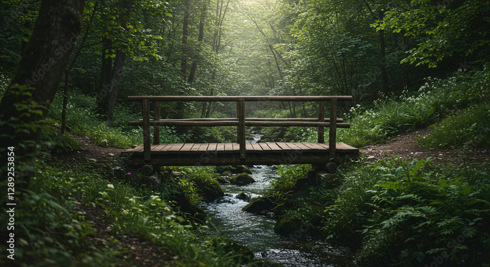 Wooden Bridge Spanning Forest Stream Wooden Bridge Spanning Forest Stream