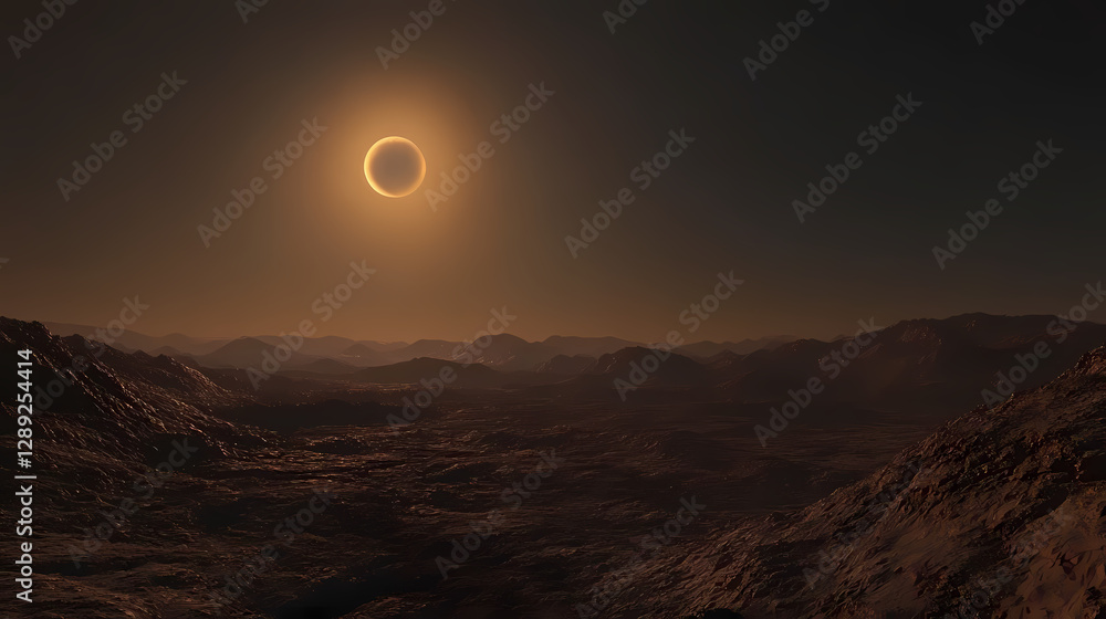 Obraz premium Dramatic solar eclipse casting shadows over a rocky, barren terrain, with the sky gradually darkening as the sun is obscured by the moon. Solar Eclipse Over Mountains. Illustration