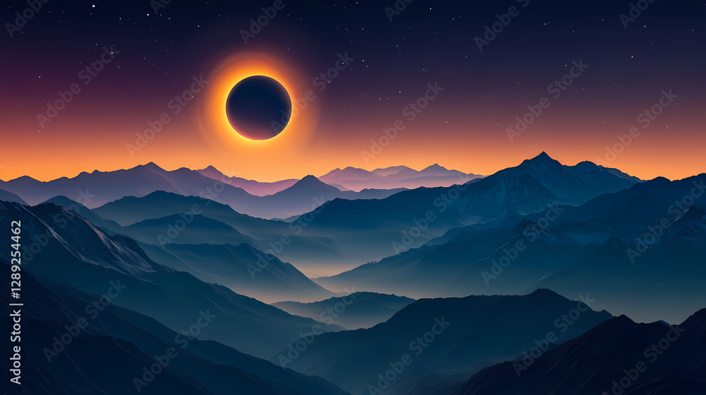 Dramatic solar eclipse over mountain range corona glowing around moons silhouette landscape bathed in ethereal twilight stars becoming visible. Solar Eclipse Over Mountains. Illustration Dramatic solar eclipse over mountain range corona glowing around moons silhouette landscape bathed in ethereal twilight stars becoming visible. Solar Eclipse Over Mountains. Illustration