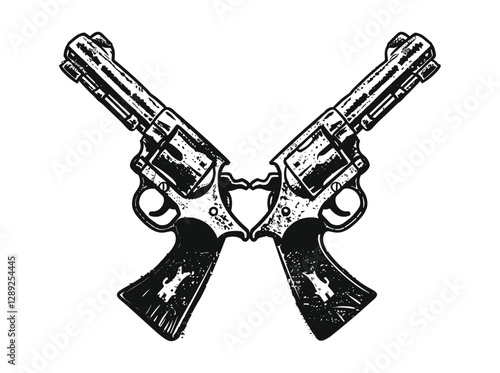 Vintage vector crossed pistols stencil illustration, retro grunge texture, distressed stamp isolated, transparent background, retro weapons design, old school graphic