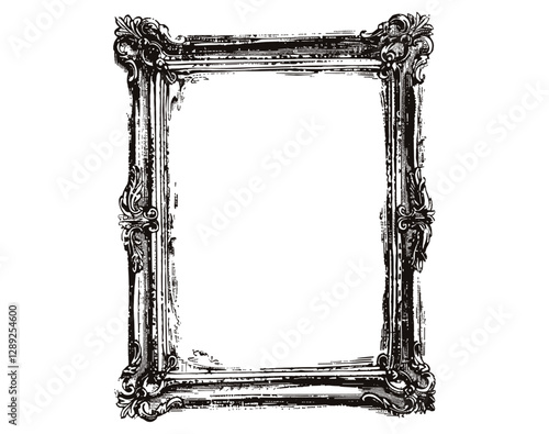 Vector picture frame, vintage stencil illustration, distressed grunge style, stamp effect, isolated on transparent background, decorative border, antique design, retro artwork