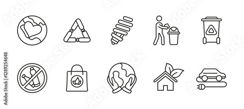Environment care icon set. Eco sustainability and green energy vector illustration. Waste recycling, plastic reduction and renewable energy concept. Climate protection and nature conservation symbols