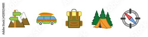 Tourism camping hiking icon set colored. Backpack, tent and compass vector illustration. Outdoor adventure and trekking concept. Mountains, exploration and navigation colorful symbols.