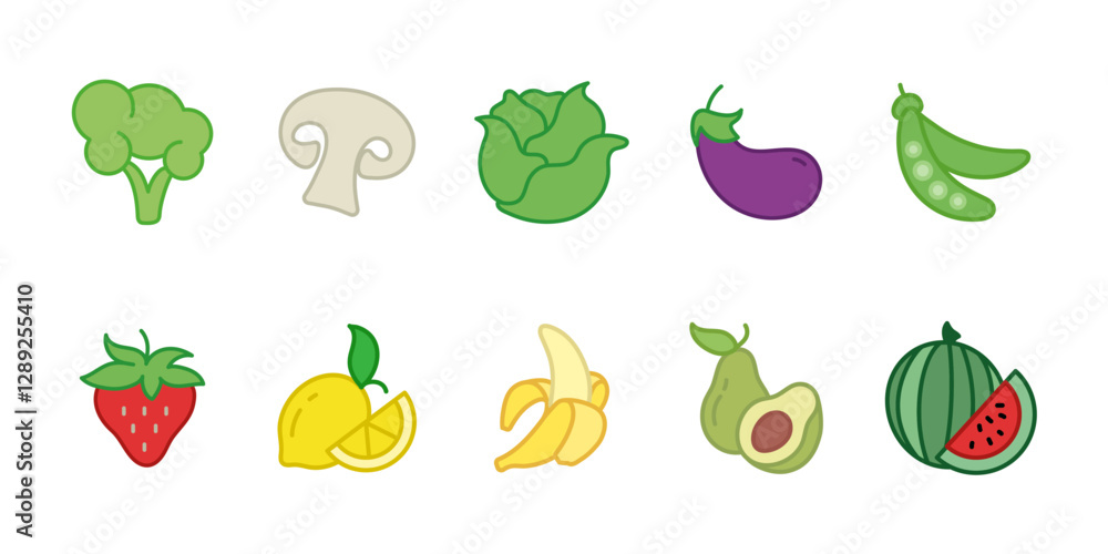 Fototapeta premium Vegetables and fruits icon set colored. Healthy food symbol. Organic vegetable and fresh fruit vector illustration. Natural nutrition sign. Grocery and market pictogram. Farm harvest and diet concept.